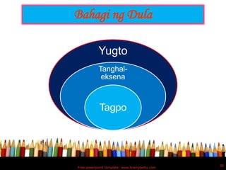 Bahagi ng Dula

           Yugto
           Tanghal-
            eksena



            Tagpo




                                                30
Free powerpoint template: www.brainybetty.com
 