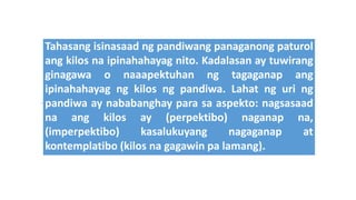 Tahasang isinasaad ng pandiwang panaganong paturol
ang kilos na ipinahahayag nito. Kadalasan ay tuwirang
ginagawa o naaapektuhan ng tagaganap ang
ipinahahayag ng kilos ng pandiwa. Lahat ng uri ng
pandiwa ay nababanghay para sa aspekto: nagsasaad
na ang kilos ay (perpektibo) naganap na,
(imperpektibo) kasalukuyang nagaganap at
kontemplatibo (kilos na gagawin pa lamang).
 