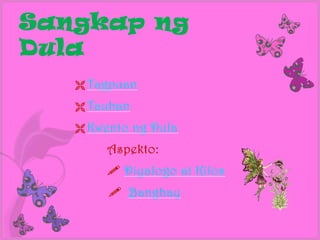 Sangkap ng
Dula
    Tagpuan

    Tauhan

    Kwento   ng Dula
       Aspekto:
        Diyalogo at Kilos
        Banghay
 