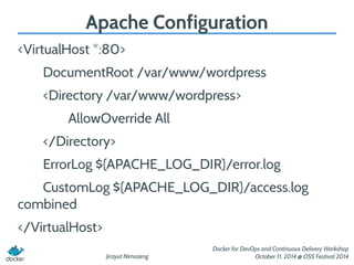 Apache Configuration 
Jirayut Nimsaeng 
Docker for DevOps and Continuous Delivery Workshop 
October 11, 2014 @ OSS Festival 2014 
<VirtualHost *:80> 
DocumentRoot /var/www/wordpress 
<Directory /var/www/wordpress> 
AllowOverride All 
</Directory> 
ErrorLog ${APACHE_LOG_DIR}/error.log 
CustomLog ${APACHE_LOG_DIR}/access.log 
combined 
</VirtualHost> 
 