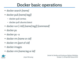 Docker basic operations 
Jirayut Nimsaeng 
Docker for DevOps and Continuous Delivery Workshop 
October 11, 2014 @ OSS Festival 2014 
● docker search [name] 
● docker pull [name[:tag]] 
– docker pull centos 
– docker pull ubuntu:latest 
● docker run [-itd] [name[:tag]] [command] 
● docker ps 
● docker ps -a 
● docker rm [name or cid] 
● docker rm [part of cid] 
● docker images 
● docker rmi [name:tag or iid] 
 
