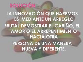 SOLUCIÓNLA INNOVACIÓN QUE HAREMOS ES  MEDIANTE UN ARREGLOFRUTAL DEMOSTRAR EL CARIÑO, EL AMOR O EL ARREPENTIMIENTO HACIA OTRAPERSONA DE UNA MANERA NUEVA Y DIFERENTE.