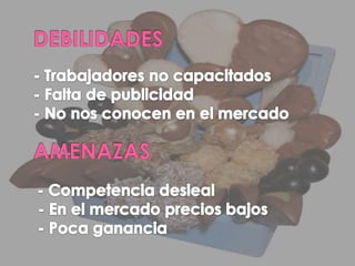 DEBILIDADES- Trabajadores no capacitados- Falta de publicidad- No nos conocen en el mercadoAMENAZAS-Competencia desleal - En el mercado precios bajos - Poca ganancia