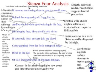 Stanza Four Analysis
If in some smothering dreams, you too could pace
Behind the wagon that we flung him in,
And watch the white eyes writhing in his face,
His hanging face, like a devil's sick of sin,
If you could hear, at every jolt, the blood
Come gargling from the froth-corrupted lungs
Bitter as the cud
Of vile, incurable sores on innocent tongues, —
Directly addresses
reader.‘Pace behind’
suggests funeral
procession.
Emotive word choice
implies soldiers are
treated with no respect as
if disposable.
Alliteration
emphasises
the hideous
sight of the
man
suffering.
Eyes rolling as
he’s in pain.
Simile conveys how even
Satan would be disgusted
by this sight.
Word choice
suggests
sudden
movement-
implies pain the
man
suffers.
Contrast in this simile highlights how youth
and innocence are destroyed by war.
Owen
directly
addresses
the
reader,
forcing
them, to
imagine
the horror
of
watching
the young
soldier
dying in
agony.
Cud is brown substance cows regurgitate.
The gas tastes bitter and causes the man to bring
up a brown substance as he coughs up his own
lungs.
Poet feels suffocated and disturbed by memories.
 