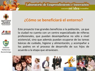 ¿Cómo se beneficiará el entorno?

               Este proyecto trae grandes beneficios a la población, ya que
               la ciudad no cuenta con un centro especializado de niñeras
               profesionales, que puedan desempeñarse no sólo a nivel
               asistencial, sino que además puedan ocuparse de las tareas
               básicas de cuidado, higiene y alimentación, y acompañar a
  Instituto    los padres en el proceso de desarrollo de sus hijos de
 Politécnico   acuerdo a la etapa que atraviesen.
Bucaramanga
 