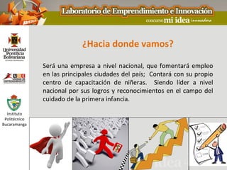 ¿Hacia donde vamos?

               Será una empresa a nivel nacional, que fomentará empleo
               en las principales ciudades del país; Contará con su propio
               centro de capacitación de niñeras. Siendo líder a nivel
               nacional por sus logros y reconocimientos en el campo del
               cuidado de la primera infancia.

  Instituto
 Politécnico
Bucaramanga
 