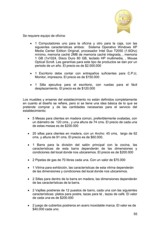 Se requiere equipo de oficina:


1 Computadores uno para la oficina y otro para la caja, con las
siguientes características ambos: Sistema Operativo Windows XP
Media Center Edition Original, procesador Intel Duo T2050 (1.6Ghz)
mínimo, memoria caché 2MB de memoria caché integrada, , memoria
1 GB (1x1024, Disco Duro 80 GB, teclado HP multimedia, , Mouse
Optical Scroll. Las garantías para este tipo de productos se dan por un
periodo de un año. El precio es de $2.000.000



1 Escritorio debe contar con entrepaños suficientes para C.P.U,
Monitor, impresora. El precio es de $150.000



1 Silla ejecutiva para el escritorio, con ruedas para el fácil
desplazamiento. El precio es de $120.000

Los muebles y enseres del establecimiento no están definidos completamente
en cuanto al diseño se refiere, pero sí se tiene una idea básica de lo que se
pretende comprar y de las cantidades necesarias para el servicio del
establecimiento:


5 Mesas para clientes en madera común, preferiblemente ovaladas, con
un diámetro de 120 cms., y una altura de 74 cms. El precio de cada una
de estas mesas es de $200.000



20 sillas para clientes en madera, con un Ancho: 45 cms, largo de 62
cms. y altura de 91 cms. El precio es de $60.000.



1 Barra para la división del salón principal con la cocina, las
características de esta barra dependerán de las dimensiones y
condiciones del local donde nos ubicaremos. El precio es de $200.000



2 Pipetas de gas de 70 libras cada una. Con un valor de $70.000



1 Vitrina para exhibición, las características de esta vitrina dependerán
de las dimensiones y condiciones del local donde nos ubicaremos.



2 Sillas para dentro de la barra en madera, las dimensiones dependerán
de las características de la barra.



2 Vajillas postreras de 12 puestos de barro, cada una con las siguientes
características: platos para postre, tazas para té , tazas de café. El valor
de cada una es de $200.000



2 juego de cubiertos postreros en acero inoxidable marca. El valor es de
$40.000 cada uno.
55

 