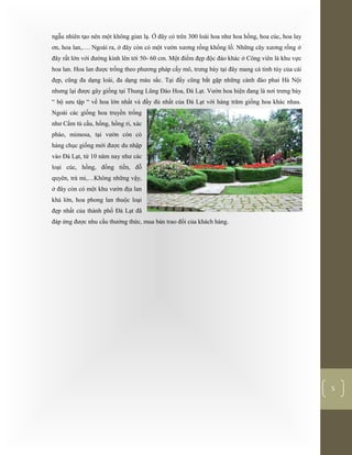 [Typethedocumenttitle]
5
ngẫu nhiên tạo nên một không gian lạ. Ở đây có trên 300 loài hoa như hoa hồng, hoa cúc, hoa lay
ơn, hoa lan,…. Ngoài ra, ở đây còn có một vườn xương rồng khổng lồ. Những cây xương rồng ở
đây rất lớn với đường kính lên tới 50- 60 cm. Một điểm đẹp độc đáo khác ở Công viên là khu vực
hoa lan. Hoa lan được trồng theo phương pháp cấy mô, trưng bày tại đây mang cả tinh túy của cái
đẹp, cũng đa dạng loài, đa dạng màu sắc. Tại đấy cũng bắt gặp những cành đào phai Hà Nội
nhưng lại được gây giống tại Thung Lũng Đào Hoa, Đà Lạt. Vườn hoa hiện đang là nơi trưng bày
“ bộ sưu tập “ về hoa lớn nhất và đầy đủ nhất của Đà Lạt với hàng trăm giống hoa khác nhau.
Ngoài các giống hoa truyền trống
như Cẩm tú cầu, hồng, hồng ri, xác
pháo, mimosa, tại vườn còn có
hàng chục giống mới được du nhập
vào Đà Lạt, từ 10 năm nay như các
loại cúc, hồng, đồng tiền, đỗ
quyên, trà mi,…Không những vậy,
ở đây còn có một khu vườn địa lan
khá lớn, hoa phong lan thuộc loại
đẹp nhất của thành phố Đà Lạt đã
đáp ứng được nhu cầu thưởng thức, mua bán trao đổi của khách hàng.
 