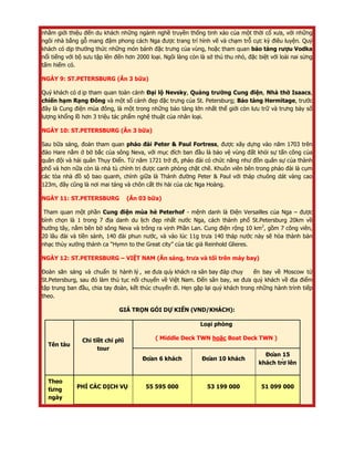 nhằm giới thiệu đến du khách những ngành nghề truyền thống tinh xảo của một thời cổ xưa, với những
ngôi nhà bằng gỗ mang đậm phong cách Nga được trang trí hình vẽ và chạm trỗ cực kỳ điêu luyện. Quý
khách có dịp thưởng thức những món bánh đặc trưng của vùng, hoặc tham quan bảo tàng rượu Vodka
nổi tiếng với bộ sưu tập lên đến hơn 2000 loại. Ngôi làng còn là sở thú thu nhỏ, đặc biệt với loài nai sừng
tấm hiếm có.
NGÀY 9: ST.PETERSBURG (Ăn 3 bữa)
Quý khách có d ịp tham quan toàn cảnh Đại lộ Nevsky, Quảng trường Cung điện, Nhà thờ Isaacs,
chiến hạm Rạng Đông và một số cảnh đẹp đặc trưng của St. Petersburg; Bảo tàng Hermitage, trước
đây là Cung điện mùa đông, là một trong những bảo tàng lớn nhất thế giới còn lưu trữ và trưng bày số
lượng khổng lồ hơn 3 triệu tác phẩm nghệ thuật của nhân loại.
NGÀY 10: ST.PETERSBURG (Ăn 3 bữa)
Sau bữa sáng, đoàn tham quan pháo đài Peter & Paul Fortress, được xây dựng vào năm 1703 trên
đảo Hare nằm ở bờ bắc của sông Neva, với mục đích ban đầu là bảo vệ vùng đất khỏi sự tấn công của
quân đội và hải quân Thụy Điển. Từ năm 1721 trở đi, pháo đài có chức năng như đồn quân sự của thành
phố và hơn nữa còn là nhà tù chính trị được canh phòng chặt chẽ. Khuôn viên bên trong pháo đài là cụm
các tòa nhà đồ sộ bao quanh, chính giữa là Thánh đường Peter & Paul với tháp chuông dát vàng cao
123m, đây cũng là nơi mai táng và chôn cất thi hài của các Nga Hoàng.
NGÀY 11: ST.PETERSBURG (Ăn 03 bữa)
Tham quan một phần Cung điện mùa hè Peterhof - mệnh danh là Điện Versailles của Nga – được
bình chọn là 1 trong 7 địa danh du lịch đẹp nhất nước Nga, cách thành phố St.Petersburg 20km về
hướng tây, nằm bên bờ sông Neva và trông ra vịnh Phần Lan. Cung điện rộng 10 km2
, gồm 7 công viên,
20 lâu đài và tiền sảnh, 140 đài phun nước, và vào lúc 11g trưa 140 tháp nước này sẽ hòa thành bản
nhạc thủy xướng thánh ca “Hymn to the Great city” của tác giả Reinhold Glieres.
NGÀY 12: ST.PETERSBURG – VIỆT NAM (Ăn sáng, trưa và tối trên máy bay)
Đoàn săn sáng và chuẩn bị hành lý , xe đưa quý khách ra sân bay đáp chuy ến bay về Moscow từ
St.Petersburg, sau đó làm thủ tục nối chuyến về Việt Nam. Đến sân bay, xe đưa quý khách về địa điểm
tập trung ban đầu, chia tay đoàn, kết thúc chuyến đi. Hẹn gặp lại quý khách trong những hành trình tiếp
theo.
GIÁ TRỌN GÓI DỰ KIẾN (VND/KHÁCH):
Tên tàu
Chi tiế t chi phí
tour
Loại phòng
( Middle Deck TWN hoặc Boat Deck TWN )
Đoà n 6 khách Đoà n 10 khách
Đoà n 15
khách trở lên
Theo
từ ng
ngày
PHÍ CÁC DỊCH VỤ 55 595 000 53 199 000 51 099 000
 