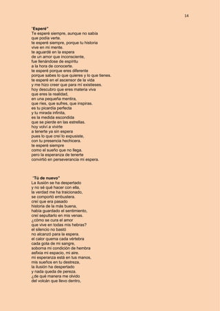 14
“Esperé”
Te esperé siempre, aunque no sabía
que podía verte.
te esperé siempre, porque tu historia
vive en mi mente.
te aguardé en la espera
de un amor que inconsciente,
fue llenándose de espíritu
a la hora de conocerte.
te esperé porque eres diferente
porque sabes lo que quieres y lo que tienes.
te esperé en el ascensor de la vida
y me hizo creer que para mí existieses.
hoy descubro que eres materia viva
que eres la realidad,
en una pequeña mentira,
que ríes, que sufres, que inspiras.
es tu picardía perfecta
y tu mirada infinita,
es la medida escondida
que se pierde en las estrellas.
hoy volví a vivirte
a tenerte ya sin espera
pues lo que creí lo expusiste,
con tu presencia hechicera.
te esperé siempre
como el sueño que no llega.
pero la esperanza de tenerte
convirtió en perseverancia mi espera.
“Tú de nuevo”
La ilusión se ha despertado
y no sé qué hacer con ella,
la verdad me ha traicionado,
se comportó embustera.
creí que era pasado
historia de la más buena,
había guardado el sentimiento,
creí sepultarlo en mis venas.
¿cómo se cura el amor
que vive en todas mis hebras?
el silencio no bastó
no alcanzó para la espera.
el calor quema cada vértebra
cada gota de mi sangre,
soborna mi condición de hembra
asfixia mi espacio, mi aire.
mi esperanza está en tus manos,
mis sueños en tu destreza,
la ilusión ha despertado
y nada queda de pereza.
¿de qué manera me olvido
del volcán que llevo dentro,
 