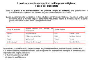 Il posizionamento competitivo dell’impresa artigiana:  il caso del cioccolato Sono la  qualità e la diversificazione dei prodotti  ( legati al territorio ) che garantiscono il posizionamento competitivo dell’imprese artigiana rispetto alla grande industria. Questo posizionamento competitivo è stato studiato dall’Università Cattolica, rispetto al settore del cioccolato, dove le imprese artigiane competono (ricavandosi nicchie di mercato) rispetto a grandi gruppi nazionali e multinazionali che operano in Italia Lo studio sul posizionamento competitivo degli artigiani cioccolatieri si è concentrato su tre indicatori: la differenziazione percepita dai clienti, cioè la capacità dell’azienda di far percepire al cliente la qualità  superiore delle proprie produzioni la diversificazione dei prodotti e il rapporto qualità/prezzo 