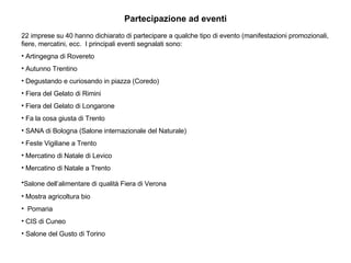 Partecipazione ad eventi 22 imprese su 40 hanno dichiarato di partecipare a qualche tipo di evento (manifestazioni promozionali, fiere, mercatini, ecc.  I principali eventi segnalati sono: Artingegna di Rovereto Autunno Trentino Degustando e curiosando in piazza (Coredo) Fiera del Gelato di Rimini Fiera del Gelato di Longarone Fa la cosa giusta di Trento SANA di Bologna (Salone internazionale del Naturale) Feste Vigiliane a Trento Mercatino di Natale di Levico Mercatino di Natale a Trento Salone dell’alimentare di qualità Fiera di Verona   Mostra agricoltura bio Pomaria CIS di Cuneo Salone del Gusto di Torino 