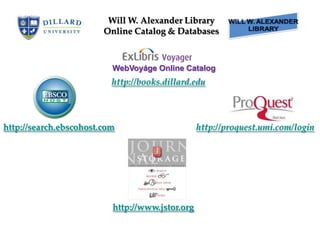 Will W. Alexander Library
                        Online Catalog & Databases



                          WebVoyáge Online Catalog
                          http://books.dillard.edu




http://search.ebscohost.com                      http://proquest.umi.com/login




                          http://www.jstor.org
 