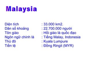 Diện tích           : 33.000 km2.
Dân số khoảng       : 22.700.000 người
Tôn giáo            : Hồi giáo là quốc đạo
Ngôn ngữ chính là   : Tiếng Malay, Indonesia
Thủ đô              : Kuala Lumpure
Tiền tệ             : Đồng Ringit (MYR)
 
