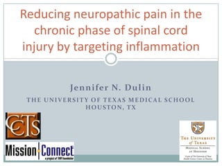 Reducing neuropathic pain in the chronic phase of spinal cord injury by targeting inflammation Jennifer N. Dulin The University of Texas Medical School Houston, TX 