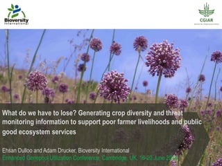 What do we have to lose? Generating crop diversity and threat
monitoring information to support poor farmer livelihoods and public
good ecosystem services
Ehsan Dulloo and Adam Drucker, Bioversity International
Enhanced Genepool Utilization Conference, Cambridge, UK, 16-20 June 2014.
 