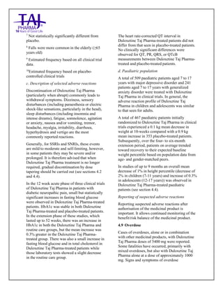 Duloxetine Taj Pharma Delayed-Release Capsules USP 20mg/30mg/40mg /60mg Taj Pharma: Uses- Antidepressant, Side Effects- Constipation, Nausea and Vomiting, Interactions, Pictures, Warnings, Duloxetine Taj Pharma Delayed-Release Taj Pharma Dosage & Rx Info | Duloxetine Taj Pharma Delayed-Release Taj Pharma Uses, Side Effects: nausea and vomiting, Duloxetine Taj Pharma Delayed-Release Taj Pharma : Indications-To treat major depressive disorder and to reduce the diabetic peripheral neuropathic pain , Side Effects- nausea and vomiting, Warnings, Duloxetine Taj Pharma Delayed-Release Taj Pharma - Drug Information - Taj Pharma, Duloxetine Taj Pharma Delayed-Release Taj Pharma dose Taj pharmaceuticals Duloxetine Taj Pharma Delayed-Release Taj Pharma interactions, Taj Pharmaceutical Duloxetine Taj Pharma Delayed-Release Taj Pharma contraindications, Duloxetine Taj Pharma Delayed-Release Taj Pharma price, Duloxetine Taj Pharma Delayed-Release Taj Pharma Taj Pharma, Duloxetine Taj Pharma Delayed-
Release Taj Pharma Tablets USP 20mg/30mg/40mg /60mg, SMPC- Taj Pharma Stay connected to all updated on Duloxetine Taj Pharma Delayed-Release,Taj pharmaceuticals. Patient Information Leaflets, SMPC.
7
Not statistically significantly different from
placebo.
8
Falls were more common in the elderly (≥65
years old)
9
Estimated frequency based on all clinical trial
data.
10
Estimated frequency based on placebo-
controlled clinical trials
c. Description of selected adverse reactions
Discontinuation of Duloxetine Taj Pharma
(particularly when abrupt) commonly leads to
withdrawal symptoms. Dizziness, sensory
disturbances (including paraesthesia or electric
shock-like sensations, particularly in the head),
sleep disturbances (including insomnia and
intense dreams), fatigue, somnolence, agitation
or anxiety, nausea and/or vomiting, tremor,
headache, myalgia, irritability, diarrhoea,
hyperhydrosis and vertigo are the most
commonly reported reactions.
Generally, for SSRIs and SNRIs, these events
are mild to moderate and self-limiting, however,
in some patients they may be severe and/or
prolonged. It is therefore advised that when
Duloxetine Taj Pharma treatment is no longer
required, gradual discontinuation by dose
tapering should be carried out (see sections 4.2
and 4.4).
In the 12 week acute phase of three clinical trials
of Duloxetine Taj Pharma in patients with
diabetic neuropathic pain, small but statistically
significant increases in fasting blood glucose
were observed in Duloxetine Taj Pharma-treated
patients. HbA1c was stable in both Duloxetine
Taj Pharma-treated and placebo-treated patients.
In the extension phase of these studies, which
lasted up to 52 weeks, there was an increase in
HbA1c in both the Duloxetine Taj Pharma and
routine care groups, but the mean increase was
0.3% greater in the Duloxetine Taj Pharma-
treated group. There was also a small increase in
fasting blood glucose and in total cholesterol in
Duloxetine Taj Pharma-treated patients while
those laboratory tests showed a slight decrease
in the routine care group.
The heart rate-corrected QT interval in
Duloxetine Taj Pharma-treated patients did not
differ from that seen in placebo-treated patients.
No clinically significant differences were
observed for QT, PR, QRS, or QTcB
measurements between Duloxetine Taj Pharma-
treated and placebo-treated patients.
d. Paediatric population
A total of 509 paediatric patients aged 7 to 17
years with major depressive disorder and 241
patients aged 7 to 17 years with generalized
anxiety disorder were treated with Duloxetine
Taj Pharma in clinical trials. In general, the
adverse reaction profile of Duloxetine Taj
Pharma in children and adolescents was similar
to that seen for adults.
A total of 467 paediatric patients initially
randomized to Duloxetine Taj Pharma in clinical
trials experienced a 0.1 kg mean decrease in
weight at 10-weeks compared with a 0.9 kg
mean increase in 353 placebo-treated patients.
Subsequently, over the four- to six-month
extension period, patients on average trended
toward recovery to their expected baseline
weight percentile based on population data from
age- and gender-matched peers.
In studies of up to 9 months an overall mean
decrease of 1% in height percentile (decrease of
2% in children (7-11 years) and increase of 0.3%
in adolescents (12-17 years)) was observed in
Duloxetine Taj Pharma-treated paediatric
patients (see section 4.4).
Reporting of suspected adverse reactions
Reporting suspected adverse reactions after
authorisation of the medicinal product is
important. It allows continued monitoring of the
benefit/risk balance of the medicinal product.
4.9 Overdose
Cases of overdoses, alone or in combination
with other medicinal products, with Duloxetine
Taj Pharma doses of 5400 mg were reported.
Some fatalities have occurred, primarily with
mixed overdoses, but also with Duloxetine Taj
Pharma alone at a dose of approximately 1000
mg. Signs and symptoms of overdose
 