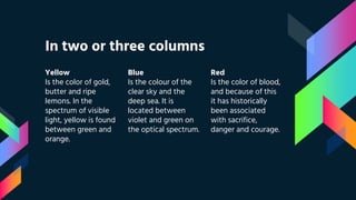 In two or three columns
Yellow
Is the color of gold,
butter and ripe
lemons. In the
spectrum of visible
light, yellow is found
between green and
orange.
Blue
Is the colour of the
clear sky and the
deep sea. It is
located between
violet and green on
the optical spectrum.
Red
Is the color of blood,
and because of this
it has historically
been associated
with sacrifice,
danger and courage.
 