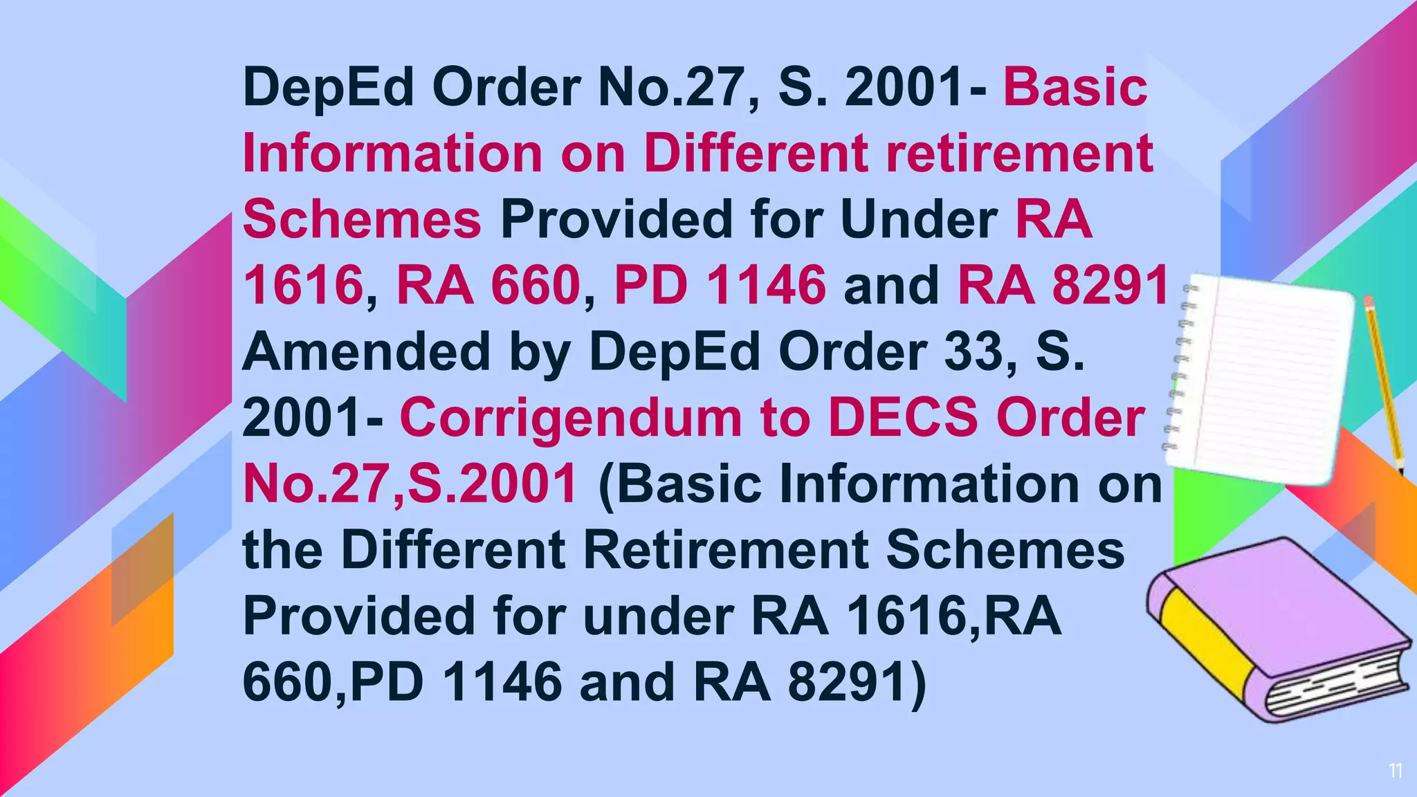 11
DepEd Order No.27, S. 2001- Basic
Information on Different retirement
Schemes Provided for Under RA
1616, RA 660, PD 1146 and RA 8291
Amended by DepEd Order 33, S.
2001- Corrigendum to DECS Order
No.27,S.2001 (Basic Information on
the Different Retirement Schemes
Provided for under RA 1616,RA
660,PD 1146 and RA 8291)
 