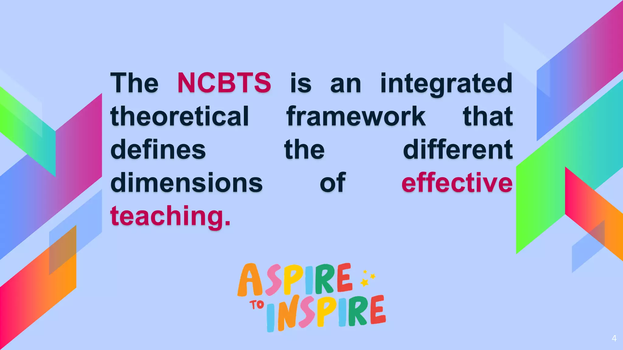 4
The NCBTS is an integrated
theoretical framework that
defines the different
dimensions of effective
teaching.
 
