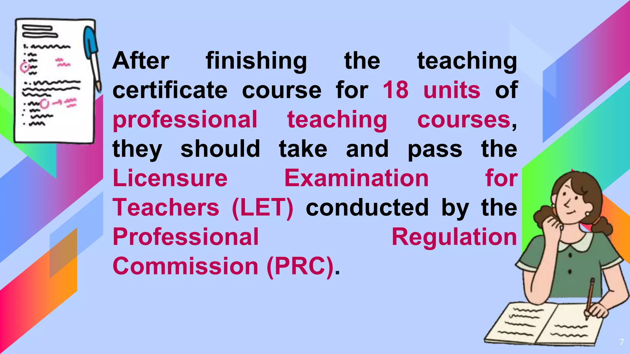 7
After finishing the teaching
certificate course for 18 units of
professional teaching courses,
they should take and pass the
Licensure Examination for
Teachers (LET) conducted by the
Professional Regulation
Commission (PRC).
 