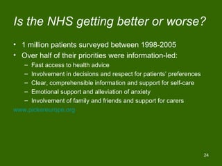 Is the NHS getting better or worse?
• 1 million patients surveyed between 1998-2005
• Over half of their priorities were information-led:
   – Fast access to health advice
   – Involvement in decisions and respect for patients’ preferences
   – Clear, comprehensible information and support for self-care
   – Emotional support and alleviation of anxiety
   – Involvement of family and friends and support for carers
www.pickereurope.org




                                                                      24
 