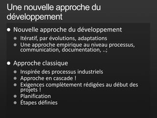 Une nouvelle approche du développement<br />Nouvelle approche du développement <br />Itératif, par évolutions, adaptations...