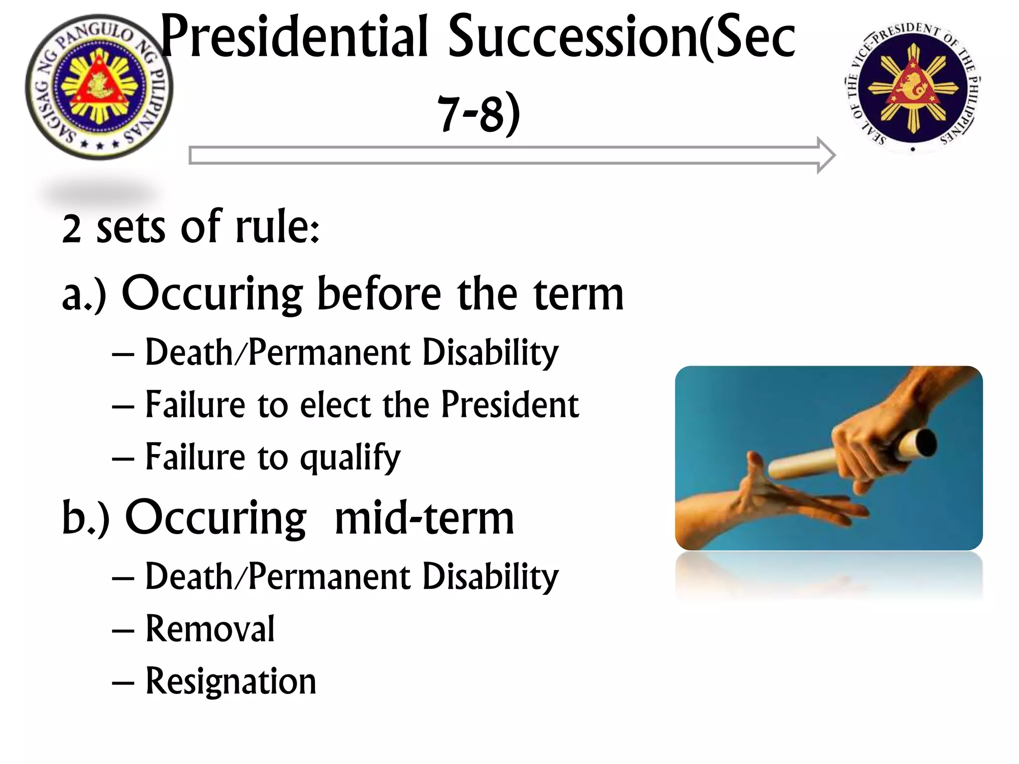 Presidential Succession(Sec
7-8)
2 sets of rule:
a.) Occuring before the term
– Death/Permanent Disability
– Failure to elect the President
– Failure to qualify
b.) Occuring mid-term
– Death/Permanent Disability
– Removal
– Resignation
 