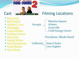 Cast Filming Locations
 Jim Carrey
 Jeff Daniels Marietta Square
 Dalton E. Gray Georgia Atlanta
 Rob Riggle Grantville
 Laurie Holden Cobb Energy Centre
 Kathleen Turner
 Steve Tom Providence, Rhode Island
 Rachel Melvin
 Paul Blackthorne California Santa Clarita
 Brady Bluhm Loss Angeles
 Swizz Beatz
 