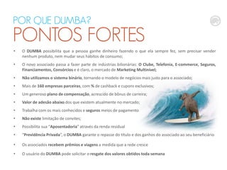 • O DUMBA possibilita que a pessoa ganhe dinheiro fazendo o que ela sempre fez, sem precisar vender
nenhum produto, nem mudar seus hábitos de consumo;
• O novo associado passa a fazer parte de indústrias bilionárias: O Clube, Telefonia, E-commerce, Seguros,
Financiamentos, Consórcios e é claro, o mercado de Marketing Multinível;
• Não utilizamos o sistema binário, tornando o modelo de negócios mais justo para o associado;
• Mais de 160 empresas parceiras, com % de cashback e cupons exclusivos;
• Um generoso plano de compensação, acrescido de bônus de carreira;
• Valor de adesão abaixo dos que existem atualmente no mercado;
• Trabalha com os mais conhecidos e seguros meios de pagamento
• Não existe limitação de convites;
• Possibilita sua “Aposentadoria” através da renda residual
• “Previdência Privada”, o DUMBA garante o repasse do título e dos ganhos do associado ao seu beneficiário
• Os associados recebem prêmios e viagens a medida que a rede cresce
• O usuário do DUMBA pode solicitar o resgate dos valores obtidos toda semana
POR QUE DUMBA?
PONTOS FORTES
 