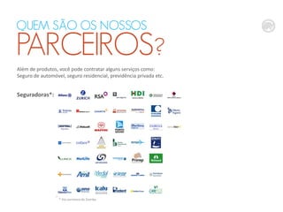 QUEM SÃO OS NOSSOS

PARCEIROS?
Além de produtos, você pode contratar alguns serviços como:
Seguro de automóvel, seguro residencial, previdência privada etc.

Seguradoras*:

* Via corretora do Dumba

 
