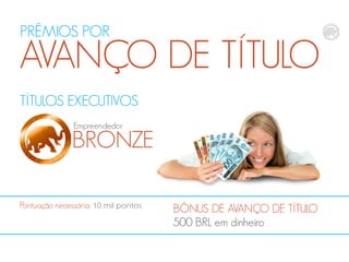 PRÊMIOS POR

AVANÇO DE TÍTULO
TÍTULOS EXECUTIVOS
Empreendedor

BRONZE
Pontuação necessária: 10 mil pontos

BÔNUS DE AVANÇO DE TÍTULO
500 BRL em dinheiro

 