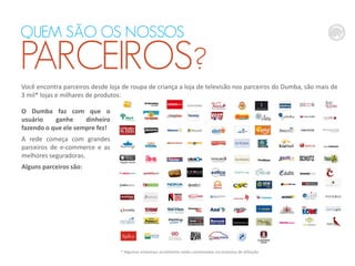 QUEM SÃO OS NOSSOS

PARCEIROS?
Você encontra parceiros desde loja de roupa de criança a loja de televisão nos parceiros do Dumba, são mais de
3 mil* lojas e milhares de produtos:
O Dumba faz com que o
usuário
ganhe
dinheiro
fazendo o que ele sempre fez!
A rede começa com grandes
parceiros de e-commerce e as
melhores seguradoras.
Alguns parceiros são:

* Algumas empresas atualmente estão conveniadas via empresa de afiliação

 