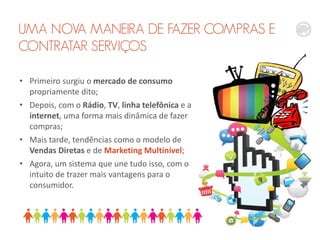 UMA NOVA MANEIRA DE FAZER COMPRAS E
CONTRATAR SERVIÇOS
• Primeiro surgiu o mercado de consumo
propriamente dito;
• Depois, com o Rádio, TV, linha telefônica e a
internet, uma forma mais dinâmica de fazer
compras;
• Mais tarde, tendências como o modelo de
Vendas Diretas e de Marketing Multinível;
• Agora, um sistema que une tudo isso, com o
intuito de trazer mais vantagens para o
consumidor.

 
