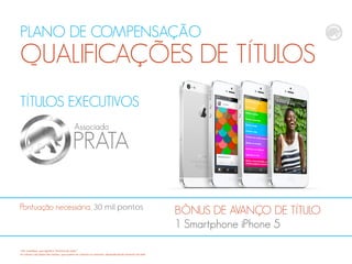 PLANO DE COMPENSAÇÃO
QUALIFICAÇÕES DE TÍTULOS
TÍTULOS EXECUTIVOS
PRATA
Associado
BÔNUS DE AVANÇO DE TÍTULO
1 Smartphone iPhone 5
Pontuação necessária, 30 mil pontos
*CB: CashBack, que significa "dinheiro de volta“
Os valores calculados são médias, que podem ser maiores ou menores, dependendodo tamanho da rede
 