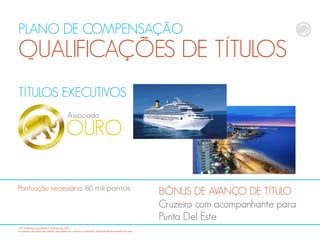 PLANO DE COMPENSAÇÃO
QUALIFICAÇÕES DE TÍTULOS
TÍTULOS EXECUTIVOS
OURO
Associado
BÔNUS DE AVANÇO DE TÍTULO
Cruzeiro com acompanhante para
Punta Del Este
Pontuação necessária, 80 mil pontos
*CB: CashBack, que significa "dinheiro de volta“
Os valores calculados são médias, que podem ser maiores ou menores, dependendodo tamanho da rede
 