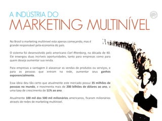 A INDÚSTRIA DO
MARKETING MULTINÍVEL
No Brasil o marketing multínivel esta apenas começando, mas é
grande responsável pela economia do país.
O sistema foi desenvolvido pelo americano Carl Rhenborg, na década de 40.
Ele enxergou duas incríveis oportunidades, tanto para empresas como para
quem deseja aumentar sua renda.
Para empresas a vantagem é alavancar as vendas de produtos ou serviços, e
para as pessoas que entram na rede, aumentar seus ganhos
exponencialmente.
Essa ideia deu tão certo que atualmente este mercado possui 35 milhões de
pessoas no mundo, e movimenta mais de 200 bilhões de dólares ao ano, a
uma taxa de crescimento de 11% ao ano.
Atualmente 100 mil dos 500 mil milionários americanos, ficaram milionários
através de redes de marketing multínivel.
 