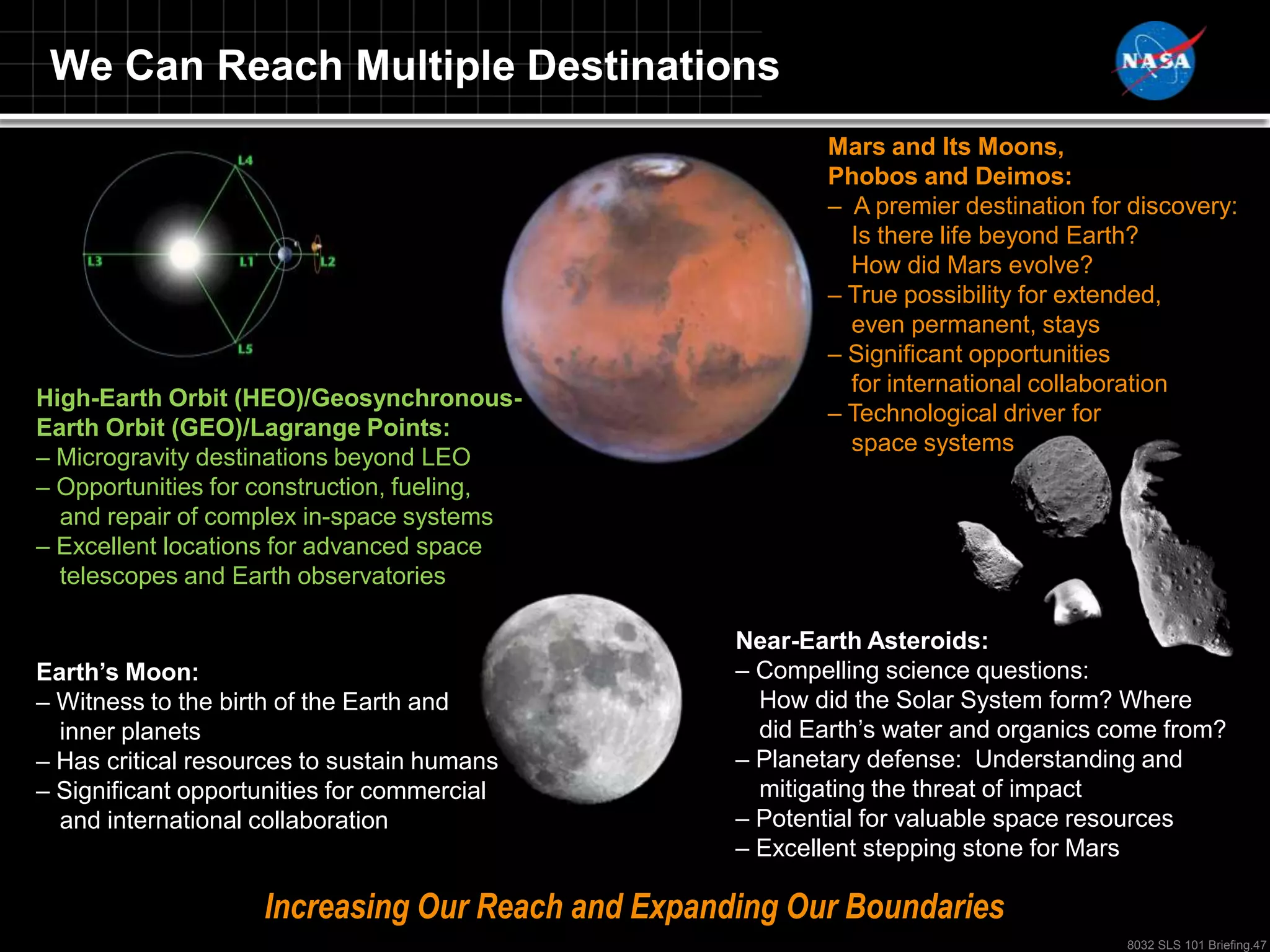 We Can Reach Multiple Destinations
                                                           Mars and Its Moons,
                                                           Phobos and Deimos:
                                                           – A premier destination for discovery:
                                                             Is there life beyond Earth?
                                                             How did Mars evolve?
                                                           – True possibility for extended,
                                                             even permanent, stays
                                                           – Significant opportunities
                                                             for international collaboration
High-Earth Orbit (HEO)/Geosynchronous-
                                                           – Technological driver for
Earth Orbit (GEO)/Lagrange Points:
                                                             space systems
– Microgravity destinations beyond LEO
– Opportunities for construction, fueling,
  and repair of complex in-space systems
– Excellent locations for advanced space
  telescopes and Earth observatories

                                                   Near-Earth Asteroids:
Earth’s Moon:                                      – Compelling science questions:
– Witness to the birth of the Earth and              How did the Solar System form? Where
  inner planets                                      did Earth‟s water and organics come from?
– Has critical resources to sustain humans         – Planetary defense: Understanding and
– Significant opportunities for commercial           mitigating the threat of impact
  and international collaboration                  – Potential for valuable space resources
                                                   – Excellent stepping stone for Mars

                    Increasing Our Reach and Expanding Our Boundaries
                                                                                      8032 SLS 101 Briefing.47
 