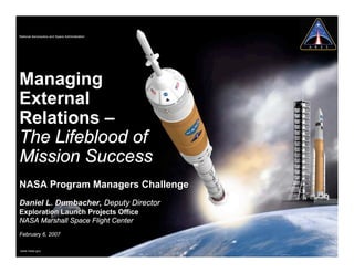National Aeronautics and Space Administration




Managing
External
Relations –
The Lifeblood of
Mission Success
NASA Program Managers Challenge
Daniel L. Dumbacher, Deputy Director
Exploration Launch Projects Office
NASA Marshall Space Flight Center
February 6, 2007
www.nasa.gov
www.nasa.gov
 