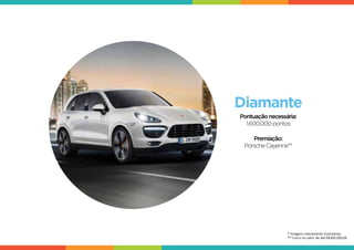 Diamante
Pontuaçãonecessária:
1.600.000pontos
Premiação:
PorscheCayenne**
* Imagens meramente ilustrativas
** Carro no valor de até R$300.000,00
 