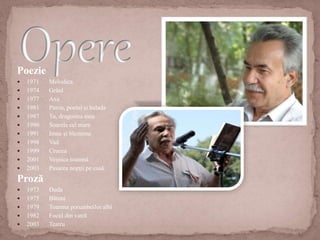Poezie
 1971 Melodica
 1974 Grâul
 1977 Axa
 1981 Patria, poetul și balada
 1987 Tu, dragostea mea
 1990 Soarele cel mare
 1991 Imne și blesteme
 1998 Vad
 1999 Crucea
 2001 Veșnica toamnă
 2003 Pasarea nopții pe casă
Proză
 1973 Duda
 1975 Bătuta
 1979 Toamna porumbeilor albi
 1982 Focul din vatră
 2003 Teatru
 