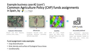 Cadaster Information
Parcels and their features:
surfaces, limits, slope….
EFAs & LEs
Ecological focused areas and
Landscape elements accurately
defined using LIDAR
Satellite
Kind of crops, Health
status, Set aside zones,
Nitrogen fixing crops, CO2
fixing crops…
Accurately defined
CAP parameters objectively
defined, Automated process to
create new datasets related to
CAP Funds, Less errors, Less
audits and field visits…
=
CAP Funds
++
Fund assignment rules examples
• Crop Diversification
• Kind, density and surface of Ecological Focus Areas
• Conditionality
Example business case #2 (cont’)
Common Agriculture Policy (CAP) funds assignments
in Spain, by
 