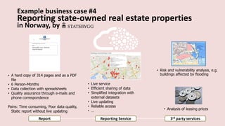 • A hard copy of 314 pages and as a PDF
file
• 6 Person-Months
• Data collection with spreadsheets
• Quality assurance through e-mails and
phone correspondence
Pains: Time consuming, Poor data quality,
Static report without live updating
• Live service
• Efficient sharing of data
• Simplified integration with
external datasets
• Live updating
• Reliable access
• …
• Risk and vulnerability analysis, e.g.
buildings affected by flooding
• Analysis of leasing prices
Report Reporting Service 3rd party services
Example business case #4
Reporting state-owned real estate properties
in Norway, by
 