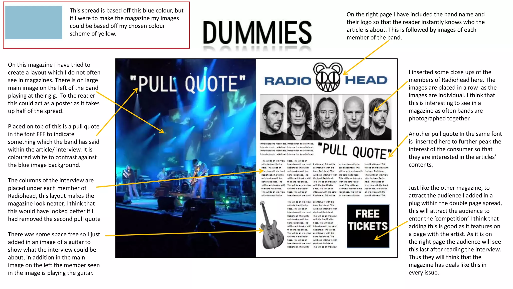 On this magazine I have tried to
create a layout which I do not often
see in magazines. There is on large
main image on the left of the band
playing at their gig. To the reader
this could act as a poster as it takes
up half of the spread.
Placed on top of this is a pull quote
in the font FFF to indicate
something which the band has said
within the article/ interview. It is
coloured white to contrast against
the blue image background.
The columns of the interview are
placed under each member of
Radiohead, this layout makes the
magazine look neater, I think that
this would have looked better if I
had removed the second pull quote
There was some space free so I just
added in an image of a guitar to
show what the interview could be
about, in addition in the main
image on the left the member seen
in the image is playing the guitar.
I inserted some close ups of the
members of Radiohead here. The
images are placed in a row as the
images are individual. I think that
this is interesting to see in a
magazine as often bands are
photographed together.
Another pull quote In the same font
is inserted here to further peak the
interest of the consumer so that
they are interested in the articles’
contents.
Just like the other magazine, to
attract the audience I added in a
plug within the double page spread,
this will attract the audience to
enter the ‘competition’ I think that
adding this is good as it features on
a page with the artist. As it is on
the right page the audience will see
this last after reading the interview.
Thus they will think that the
magazine has deals like this in
every issue.
On the right page I have included the band name and
their logo so that the reader instantly knows who the
article is about. This is followed by images of each
member of the band.
This spread is based off this blue colour, but
if I were to make the magazine my images
could be based off my chosen colour
scheme of yellow.
 