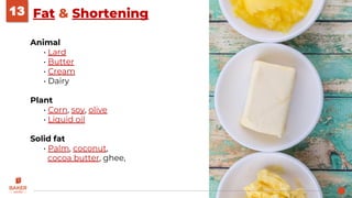Fat & Shortening13
Animal
• Lard
• Butter
• Cream
• Dairy
Plant
• Corn, soy, olive
• Liquid oil
Solid fat
• Palm, coconut,
cocoa butter, ghee,
 