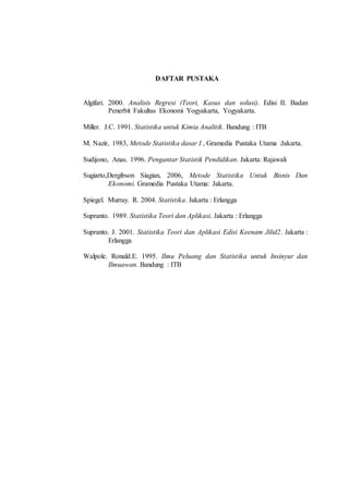 DAFTAR PUSTAKA
Algifari. 2000. Analisis Regresi (Teori, Kasus dan solusi). Edisi II. Badan
Penerbit Fakultas Ekonomi Yogyakarta, Yogyakarta.
Miller. J.C. 1991. Statistika untuk Kimia Analitik. Bandung : ITB
M. Nazir, 1983, Metode Statistika dasar I , Gramedia Pustaka Utama :Jakarta.
Sudijono, Anas. 1996. Pengantar Statistik Pendidikan. Jakarta: Rajawali
Sugiarto,Dergibson Siagian, 2006, Metode Statistika Untuk Bisnis Dan
Ekonomi. Gramedia Pustaka Utama: Jakarta.
Spiegel. Murray. R. 2004. Statistika. Jakarta : Erlangga
Supranto. 1989. Statistika Teori dan Aplikasi. Jakarta : Erlangga
Supranto. J. 2001. Statistika Teori dan Aplikasi Edisi Keenam Jilid2. Jakarta :
Erlangga
Walpole. Ronald.E. 1995. Ilmu Peluang dan Statistika untuk Insinyur dan
Ilmuawan. Bandung : ITB
 