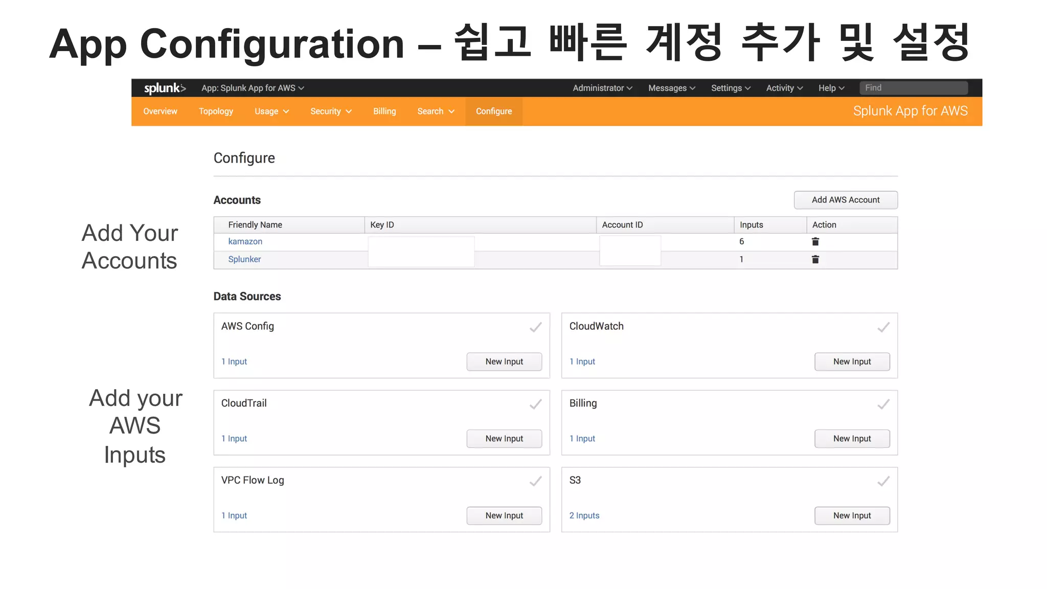 App Configuration – 쉽고 빠른 계정 추가 및 설정
Add Your
Accounts
Add your
AWS
Inputs
 