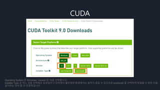 CUDA
Operating System 은 Windows, Version 은 10을 선택합니다.
Installer Type 은 어느 것을 선택해도 상관없으나 인터넷이 불안정한 환경에서는 설치가 끊길 수 있으므로 exe(local) 을 선택하여 파일을 다 받은 다음
설치하는 것이 좀 더 안정적입니다.
 