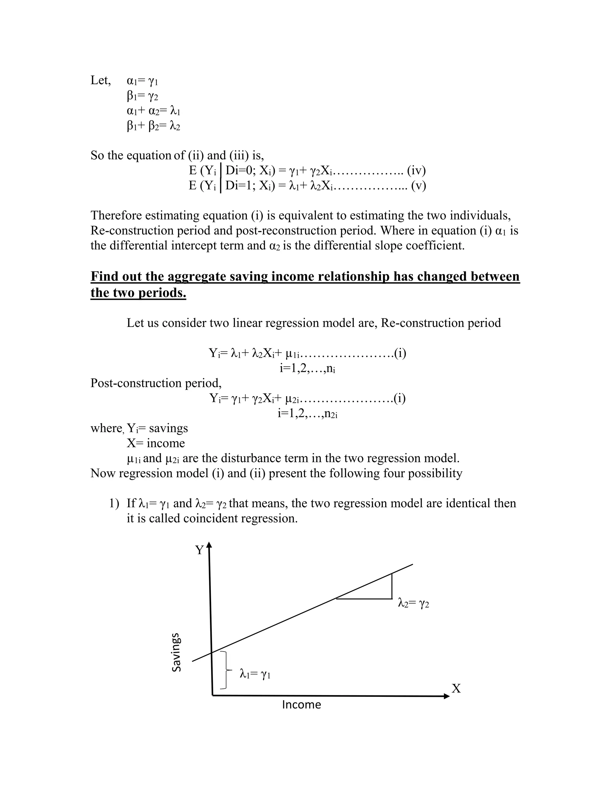 Let,

α1 = γ1
β1 = γ 2
α1+ α2= λ1
β1+ β2= λ2

So the equation of (ii) and (iii) is,
E (Yi│Di=0; Xi) = γ1+ γ2Xi…………….. (iv)
E (Yi│Di=1; Xi) = λ1+ λ2Xi……………... (v)
Therefore estimating equation (i) is equivalent to estimating the two individuals,
Re-construction period and post-reconstruction period. Where in equation (i) α1 is
the differential intercept term and α2 is the differential slope coefficient.

Find out the aggregate saving income relationship has changed between
the two periods.
Let us consider two linear regression model are, Re-construction period
Yi= λ1+ λ2Xi+ µ1i………………….(i)
i=1,2,…,ni
Post-construction period,
Yi= γ1+ γ2Xi+ µ2i………………….(i)
i=1,2,…,n2i
where, Yi= savings
X= income
µ1i and µ2i are the disturbance term in the two regression model.
Now regression model (i) and (ii) present the following four possibility
1) If λ1= γ1 and λ2= γ2 that means, the two regression model are identical then
it is called coincident regression.
Y

λ2= γ2

λ1= γ1
X
Income

 