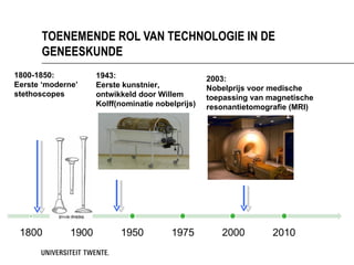 TOENEMENDE ROL VAN TECHNOLOGIE IN DE
      GENEESKUNDE
1800-1850:         1943:                         2003:
Eerste ‘moderne’   Eerste kunstnier,             Nobelprijs voor medische
stethoscopes       ontwikkeld door Willem        toepassing van magnetische
                   Kolff(nominatie nobelprijs)   resonantietomografie (MRI)
 